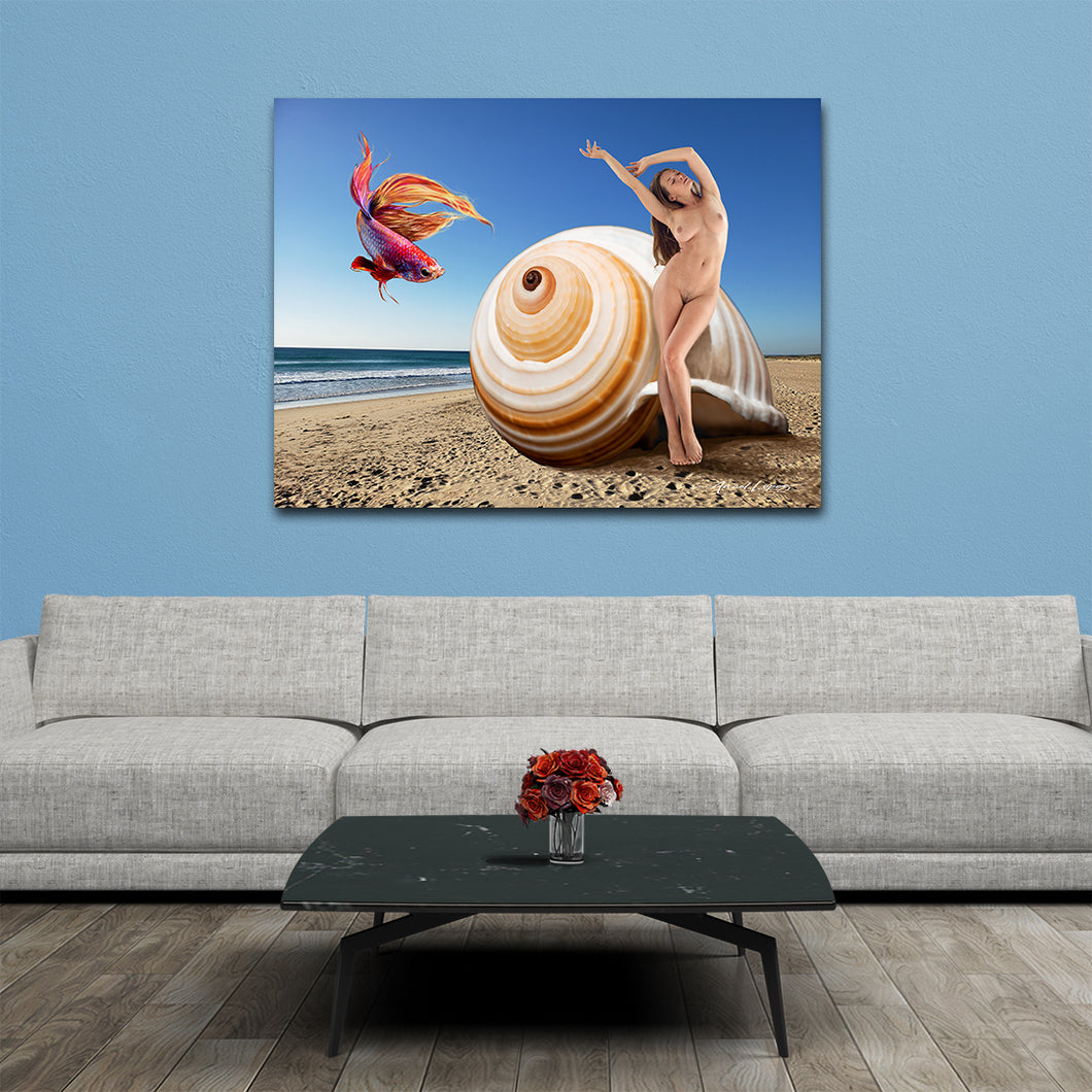 women on the beach in front of a sea shell surrealistic art on acrylic