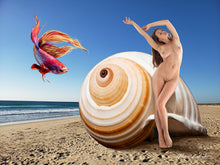 Load image into Gallery viewer, women on the beach in front of a sea shell surrealistic art on acrylic
