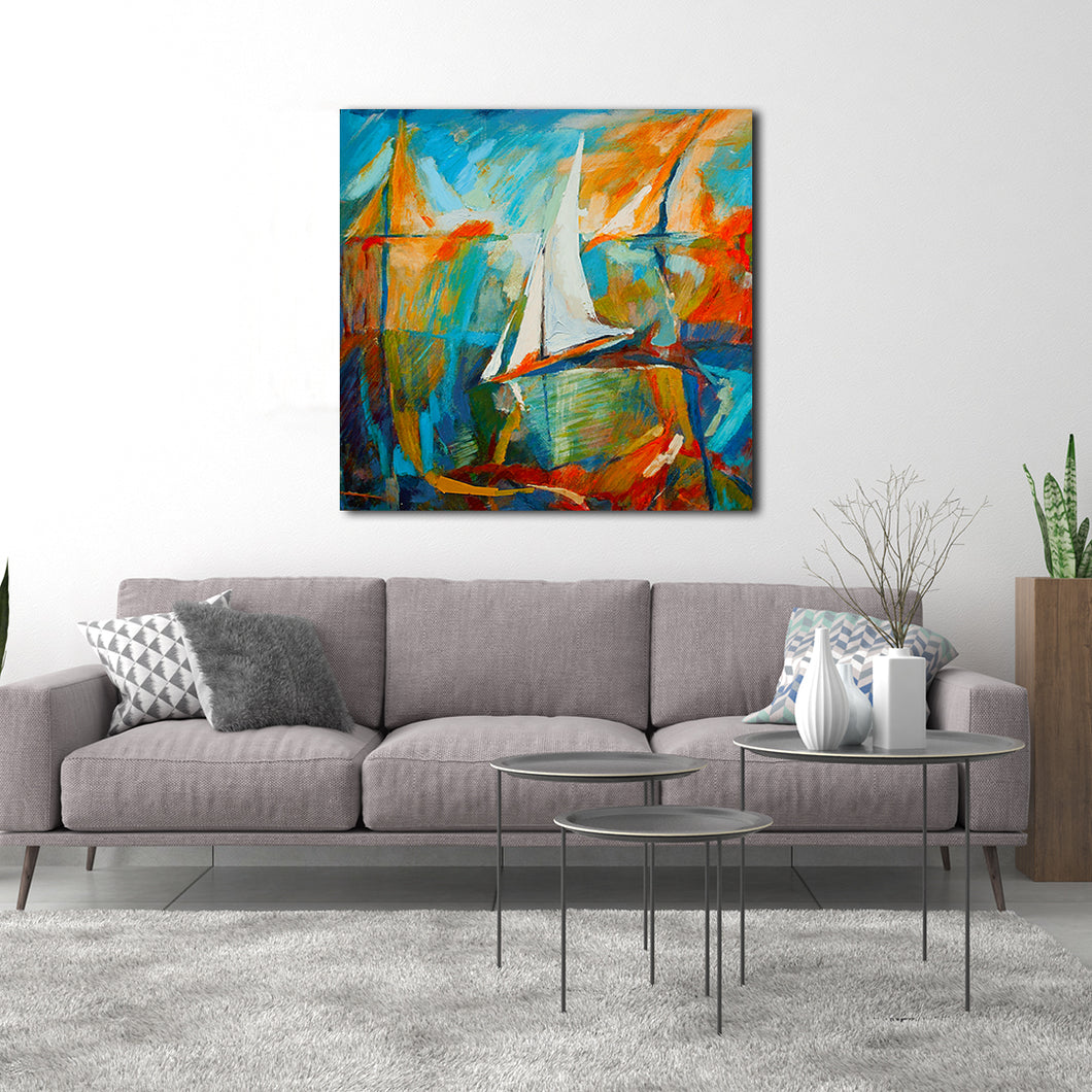 blue and orange sailboat abstract art on canvas