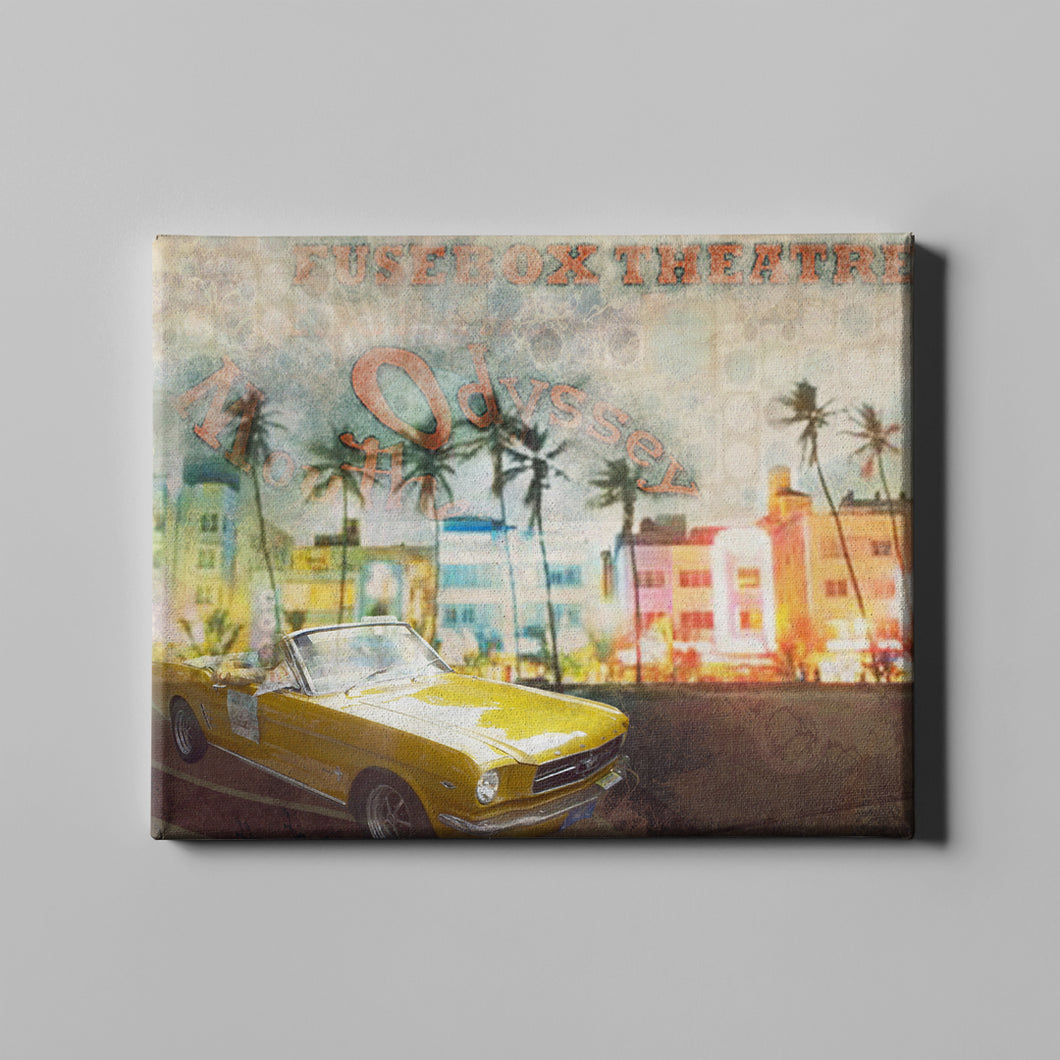 yellow 1966 ford mustang retro art on canvas