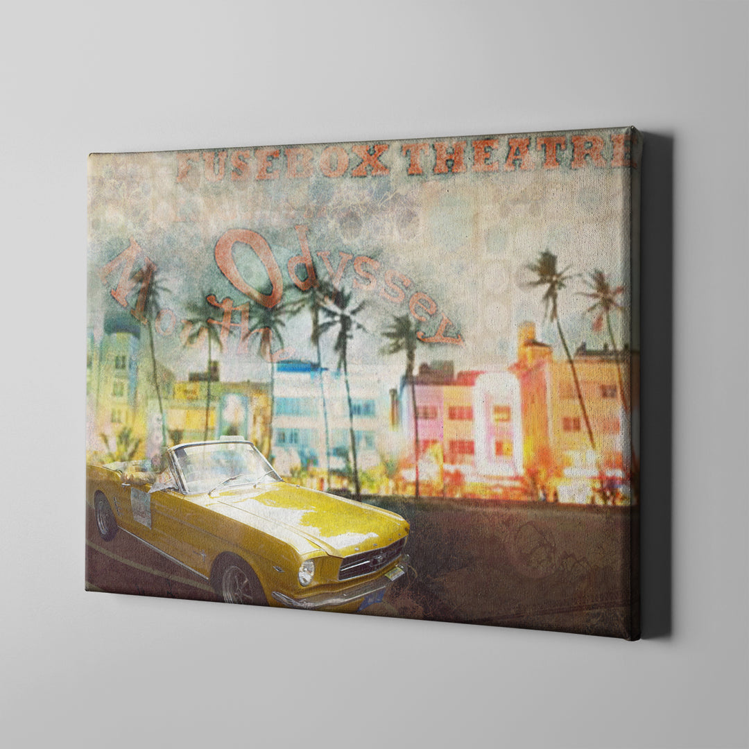yellow 1966 ford mustang retro art on canvas