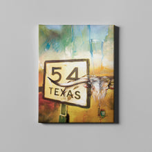Load image into Gallery viewer, Bull skull art in front of a 54 texas road sign
