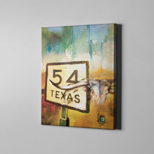 Load image into Gallery viewer, Bull skull art in front of a 54 texas road sign
