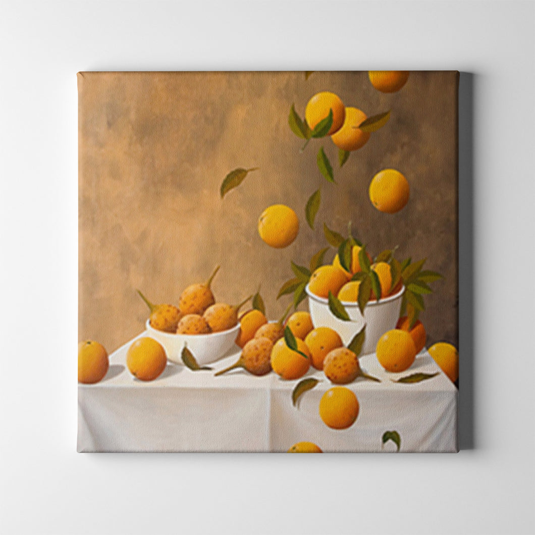 oranges on a white cloth tables fruit art on canvas
