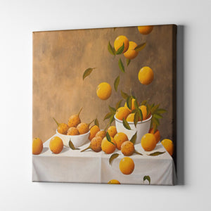 oranges on a white cloth tables fruit art on canvas