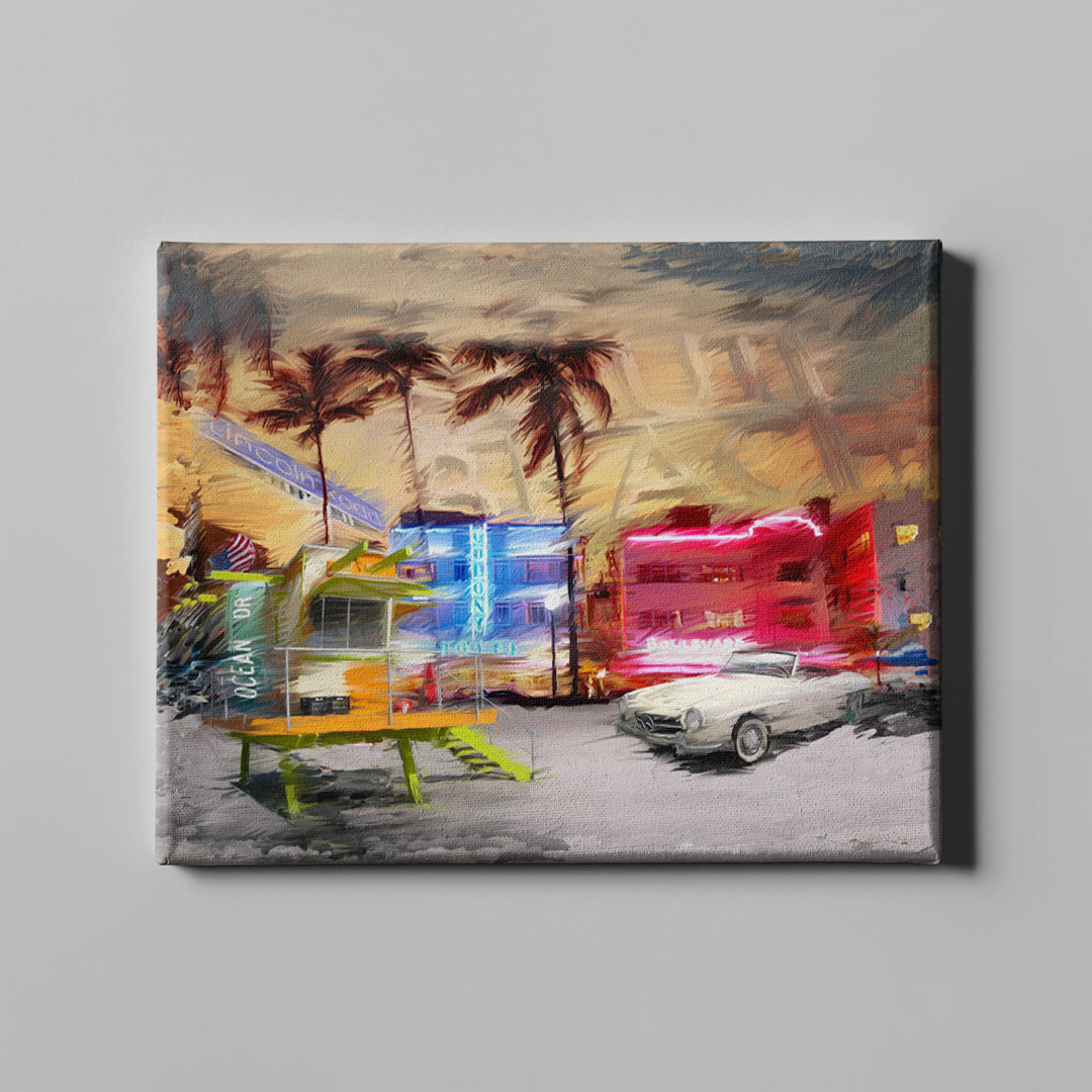 south beach with white mercedes art on canvas