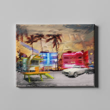 Load image into Gallery viewer, south beach with white mercedes art on canvas
