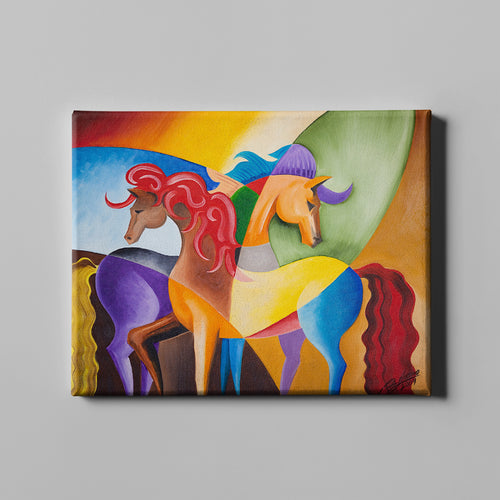two colorful abstract horses art on canvas