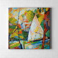 green orange and blue sailboat oil paint art on canvas