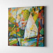 Load image into Gallery viewer, green orange and blue sailboat oil paint art on canvas
