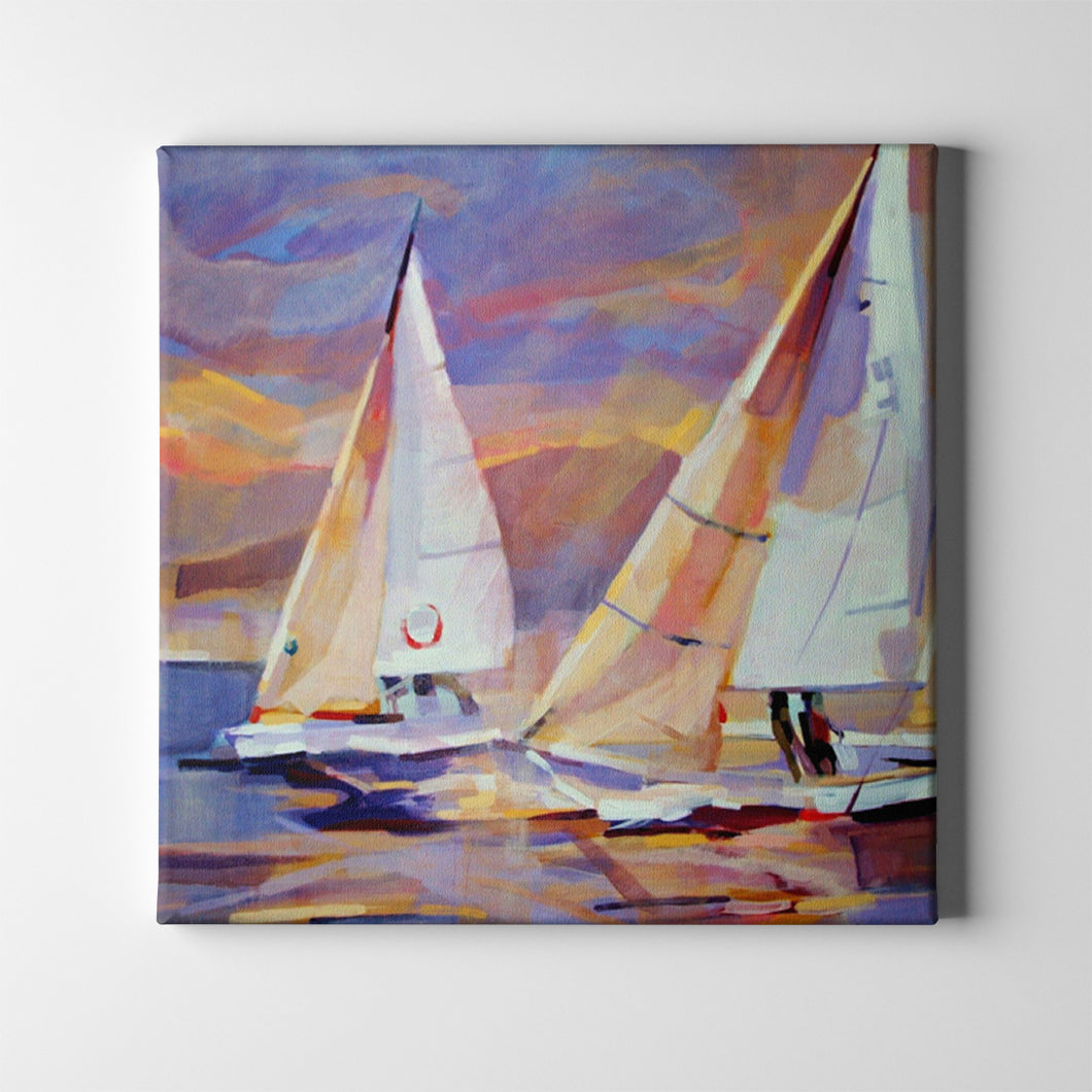 blue pink and white sailboats during a sunset art on canvas