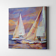 Load image into Gallery viewer, blue pink and white sailboats during a sunset art on canvas
