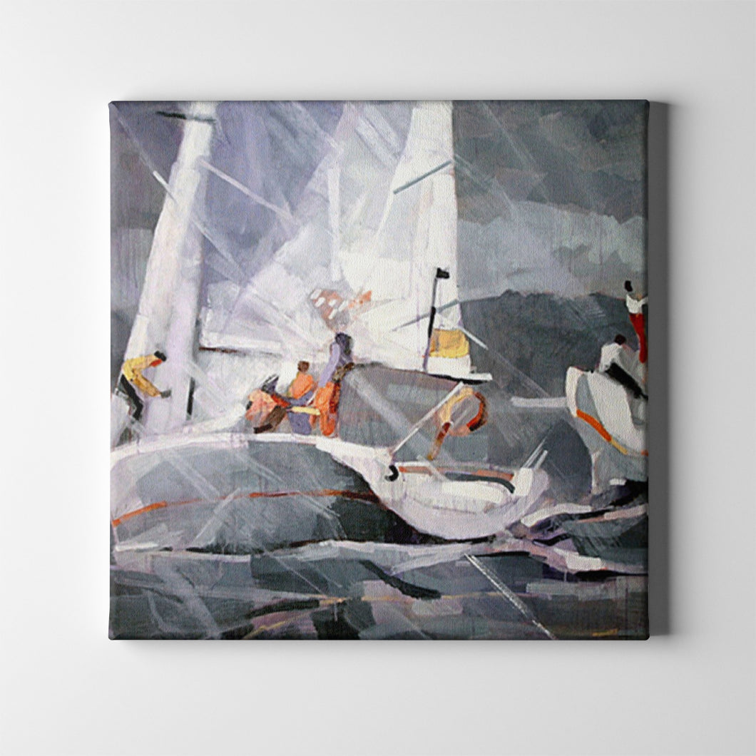 gray rainy sailboats art on canvas