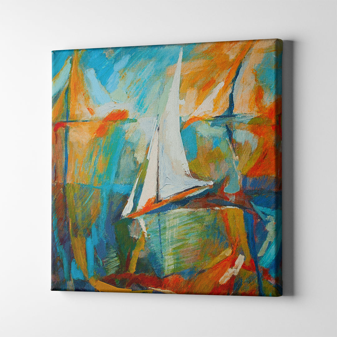 blue and orange sailboat abstract art on canvas