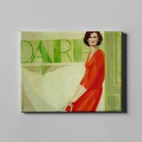 women in red dress with green background figurative art on canvas