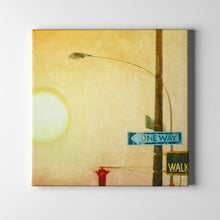 Load image into Gallery viewer, one way street sign with sun in the background art on canvas

