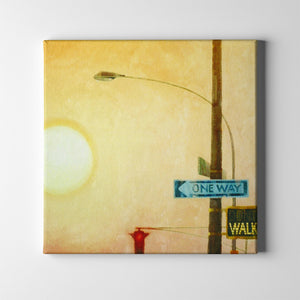 one way street sign with sun in the background art on canvas