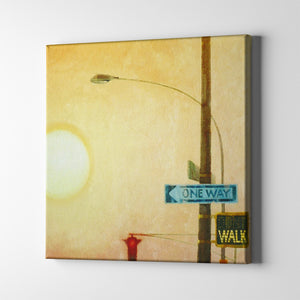 one way street sign with sun in the background art on canvas