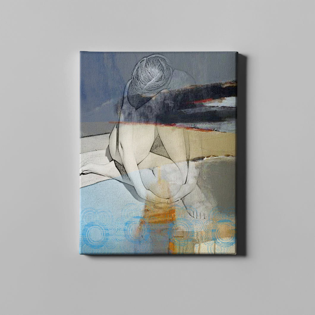 woman sitting covering face gray and blue figurative art on canvas