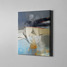 Load image into Gallery viewer, woman sitting covering face gray and blue figurative art on canvas
