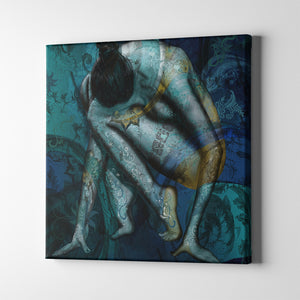 teal and dark blue tattoo women figurative art on canvas