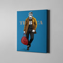 blue figurative man in brown jacket carrying red hand bang blue background figurative art on canvas