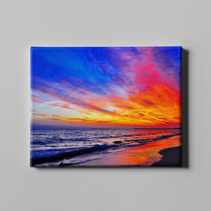 orange and blue sky on a beach photo art on canvas