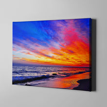 Load image into Gallery viewer, orange and blue sky on a beach photo art on canvas
