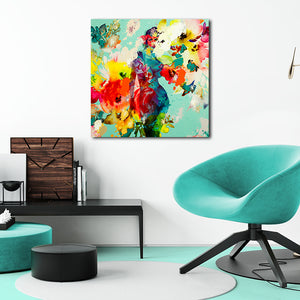 teal woman figure with colorful flowers modern art on canvas