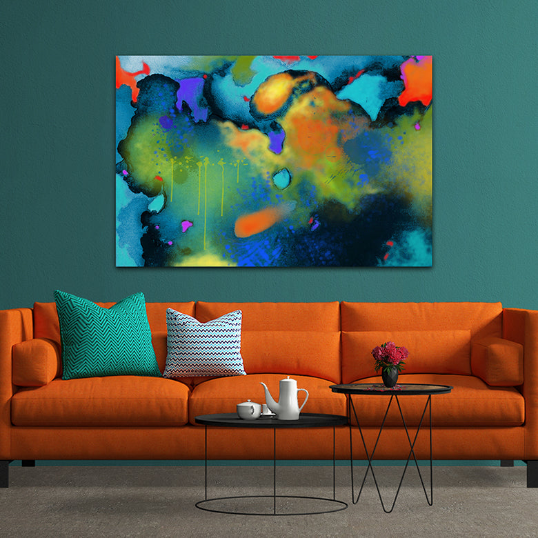 aqua blue and orange abstract art on canvas