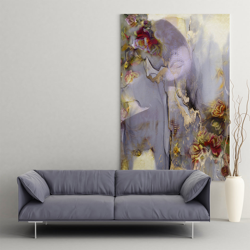 gray figure with abstract flower art on canvas