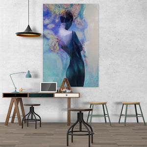 slender blue figure modern art on canvas