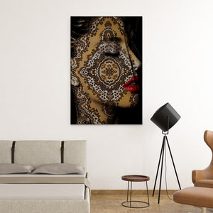 beautiful face covered in a yellow classic rug design art on canvas