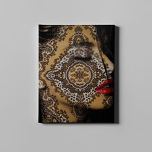 Load image into Gallery viewer, beautiful face covered in a yellow classic rug design art on canvas

