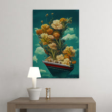 Load image into Gallery viewer, yellow flowers floating on a boat surrealist art on canvas
