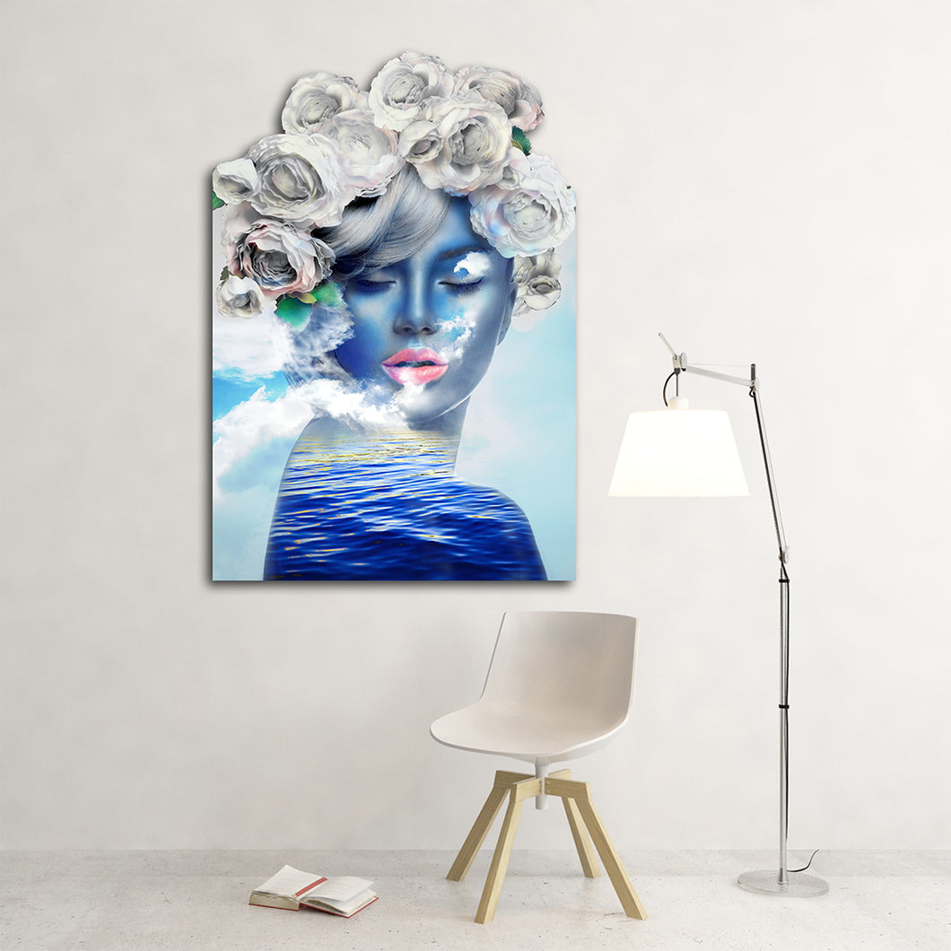 blue woman with white flower hair figurative art on cut acrylic