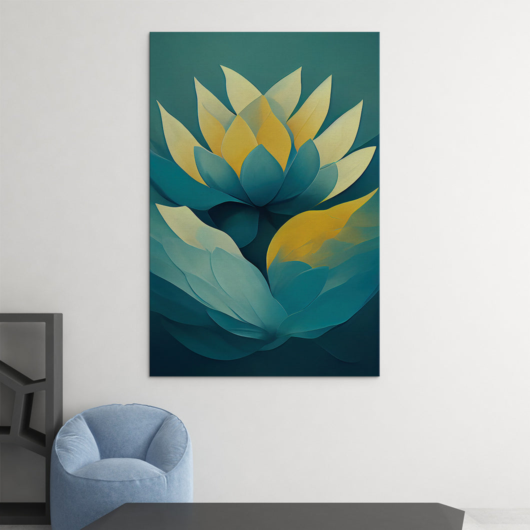 blue and yellow abstract flower art on canvas