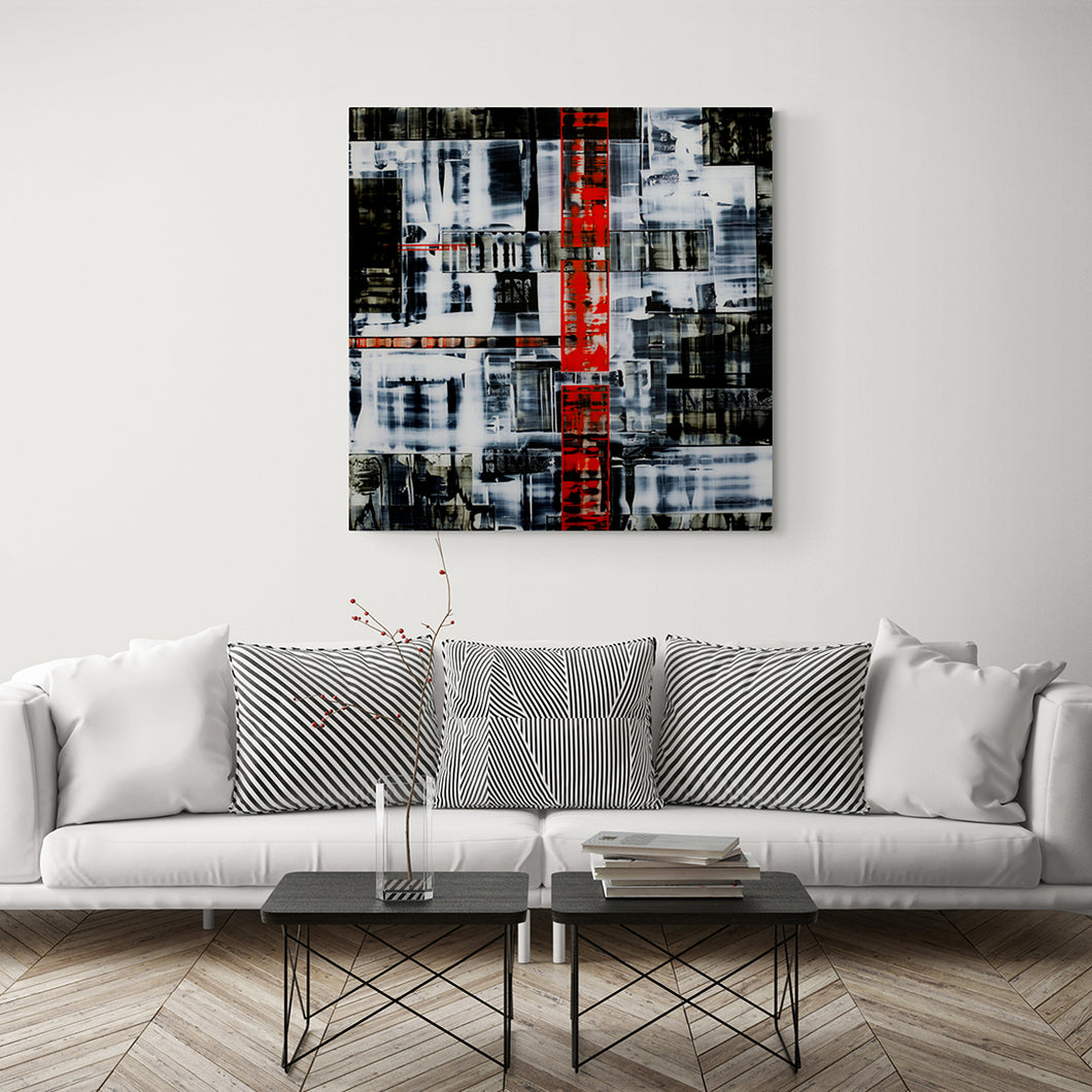 black white and red modern abstract art on canvas