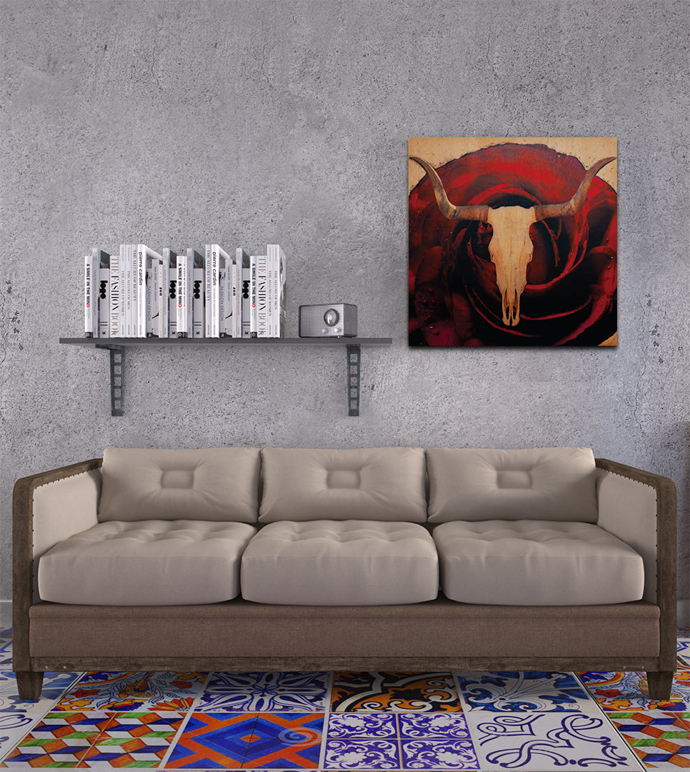 rose bull skull western art on canvas