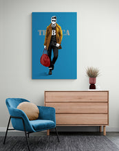 Load image into Gallery viewer, blue figurative man in brown jacket carrying red hand bang blue background figurative art on canvas
