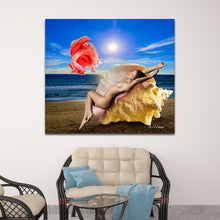 Load image into Gallery viewer, woman laying on conch shell on the beach surrealism art on acrylic
